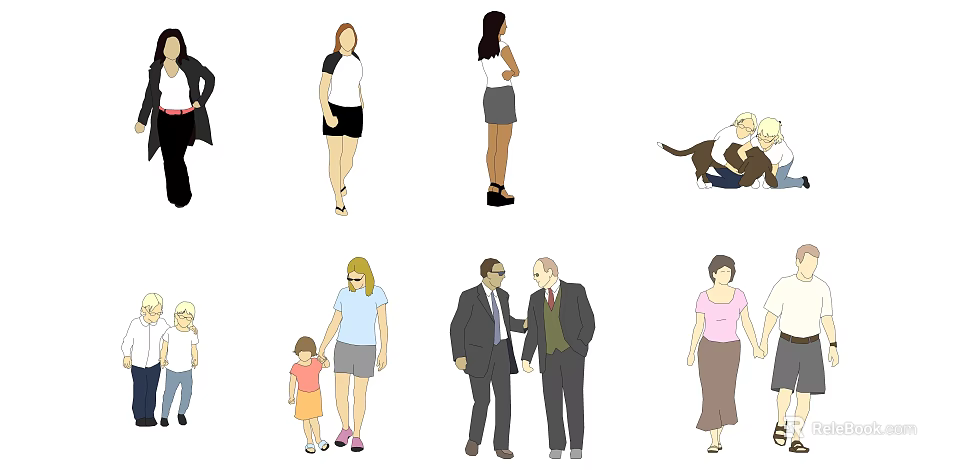 Group of People in Various Poses Including Interactions With Children and Pet Cat 3d model 
