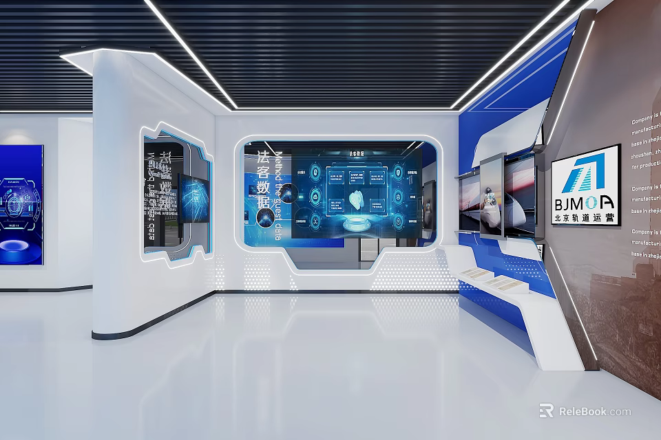 Modern Tech Exhibition Hall With Digital Displays Data Visualization And Sleek Design 3d model