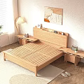 Wooden Double Bed with Headboard Nightstand Table Lamp Potted Plant and Wall Art Near Window