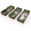 Three Wooden Planter Boxes Growing Various Vegetables Green Plants And Watermelon
