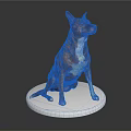 Detailed Brown and White Dog Sitting on White Base Against Gray Background
