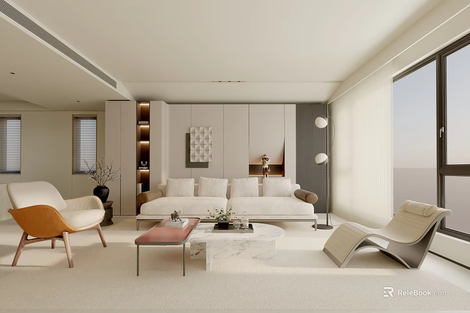 Modern Light Toned Living Room Interior With Sofa Armchairs Marble Coffee Table And Large Windows 3d model 