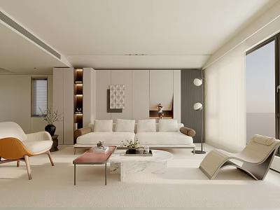 Modern Light Toned Living Room Interior With Sofa Armchairs Marble Coffee Table And Large Windows 3d model