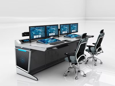 Modern Office Desk With Multiple Computer Monitors And Ergonomic Office Chairs 3d model