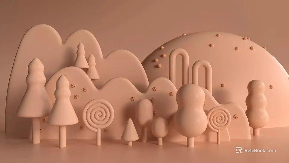 Cartoon Scene With Pastel Pink Hills Trees Lollipops And Mushroom Shapes 3d model 