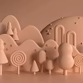 Cartoon Scene With Pastel Pink Hills Trees Lollipops And Mushroom Shapes