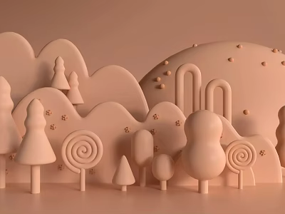 Cartoon Scene With Pastel Pink Hills Trees Lollipops And Mushroom Shapes 3d model