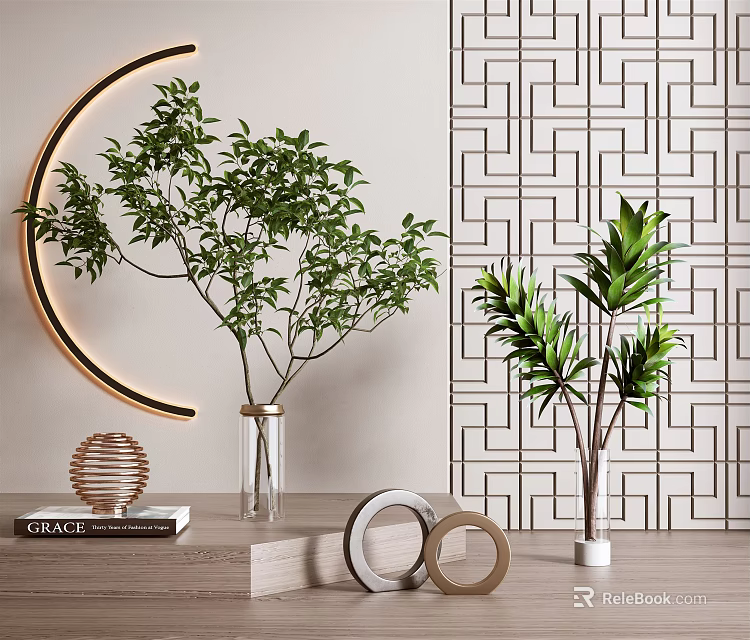 Elegant Vase with Green Leafy Plants Crescent Lamp and Geometric Wall Design 3d model 