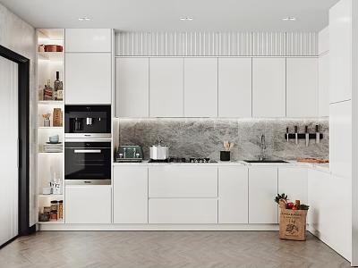 Modern Kitchen Interior Design With White Cabinets Island Counter And Appliances 3d model