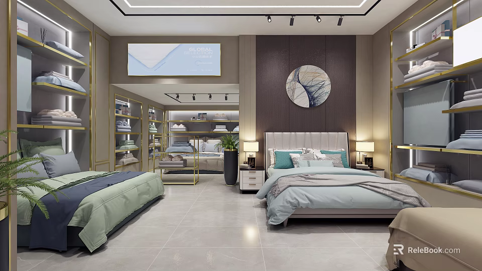 Modern Elegant Bedding Store Interior With Comfortable Beds Bedside Tables And Decorative Shelves 3d model 