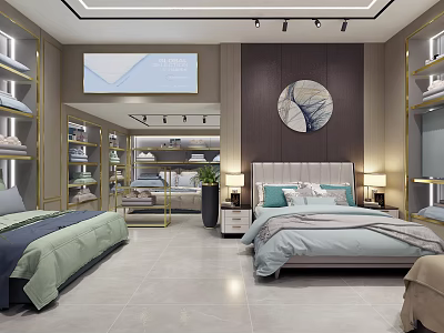 Modern Elegant Bedding Store Interior With Comfortable Beds Bedside Tables And Decorative Shelves 3d model