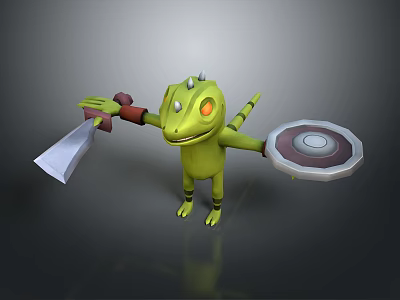Green Cartoon Reptile Character Holding Sword And Shield In Fantasy Design 3d model