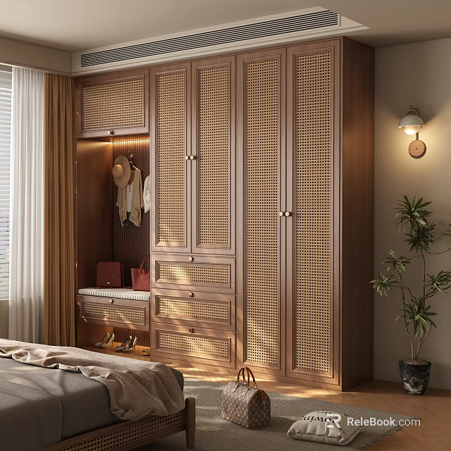 Wooden Wardrobe With Rattan Door Design Drawers And Hanging Area In Bedroom Next To Bench 3d model 
