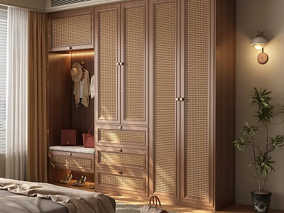 Wooden Wardrobe With Rattan Door Design Drawers And Hanging Area In Bedroom Next To Bench 3d model