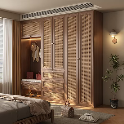 Wooden Wardrobe With Rattan Door Design Drawers And Hanging Area In Bedroom Next To Bench 3d model