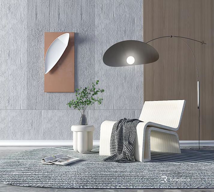 Modern Single Sofa With Green Plant Wall Art And Floor Lamp In Living Room 3d model 