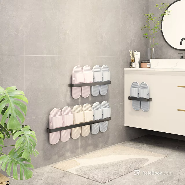 Multi Tier Wall Mounted Shoe Rack With Colorful Slippers In Modern Bathroom 3d model 