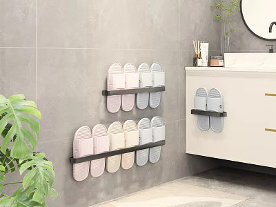 Multi Tier Wall Mounted Shoe Rack With Colorful Slippers In Modern Bathroom 3d model