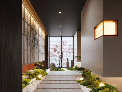 Japanese Style Hotel Corridor With Sliding Shoji Screens Stone Pathway Cherry Blossom Tree And Moss 3d model