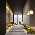 Japanese Style Hotel Corridor With Sliding Shoji Screens Stone Pathway Cherry Blossom Tree And Moss