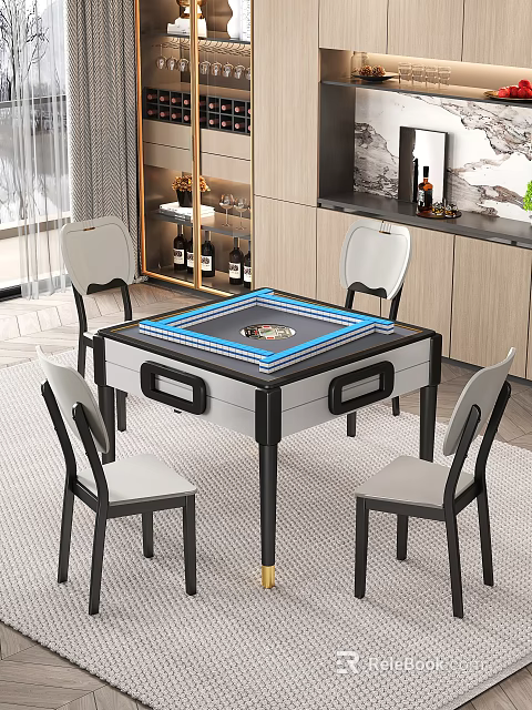 Modern Square Dining Table Set with Four Light Gray Upholstered Chairs and Blue Accent 3d model 