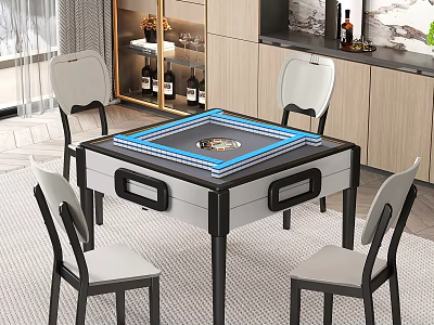Modern Square Dining Table Set with Four Light Gray Upholstered Chairs and Blue Accent 3d model