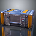 Industrial Metal Equipment Case With Orange Accents Control Panels And Reflective Surface