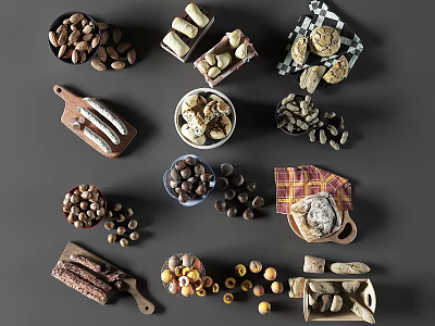 Assorted Food Display With Nuts Cookies Sausages Chocolate In Bowls Trays And Baskets 3d model