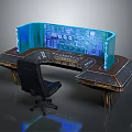 Futuristic Control Desk With Blue Illuminated Panels And Ergonomic Chair