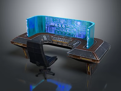Futuristic Control Desk With Blue Illuminated Panels And Ergonomic Chair 3d model
