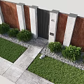 Black Entrance Door With House Number 45 And Green Shrubs By Rustic Brown Panels
