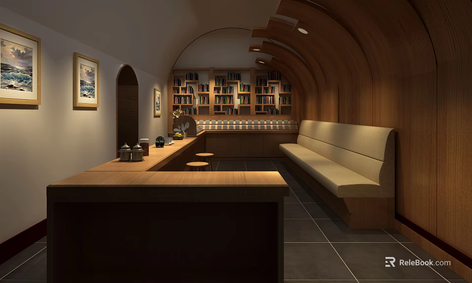 Cozy Café Interior With Wooden Arched Ceiling Bookshelves Counter And Bench Seating 3d model 