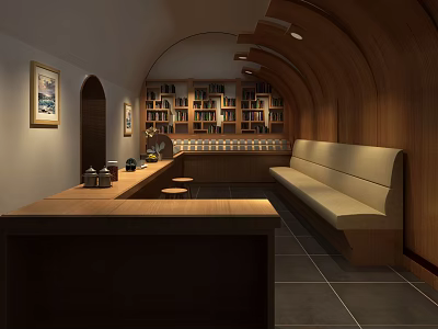 Cozy Café Interior With Wooden Arched Ceiling Bookshelves Counter And Bench Seating 3d model