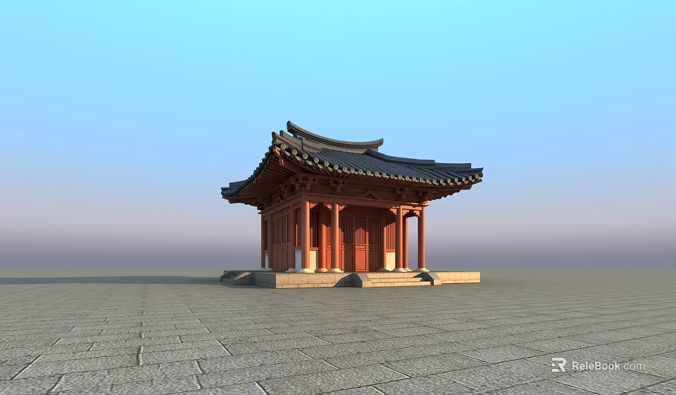Ancient Traditional Pavilion With Curved Roof Red Wooden Pillars And Stone Pavement Under Blue Sky 3d model 