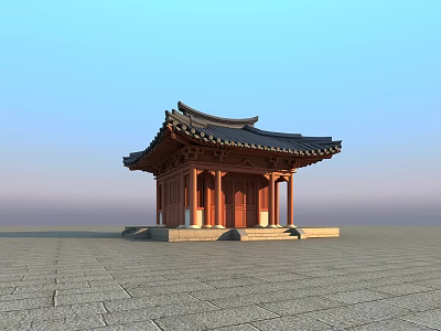 Ancient Traditional Pavilion With Curved Roof Red Wooden Pillars And Stone Pavement Under Blue Sky 3d model