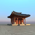 Ancient Traditional Pavilion With Curved Roof Red Wooden Pillars And Stone Pavement Under Blue Sky
