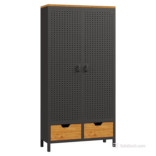 Sleek Black Storage Cabinet With Perforated Doors And Wooden Drawers At The Bottom 3d model 