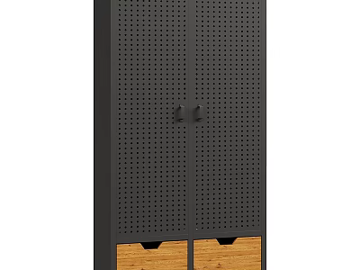 Sleek Black Storage Cabinet With Perforated Doors And Wooden Drawers At The Bottom 3d model