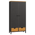 Sleek Black Storage Cabinet With Perforated Doors And Wooden Drawers At The Bottom