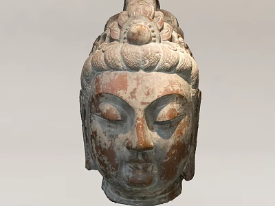 Traditional Buddha Head Sculpture Carving With Intricate Facial And Headdress Details 3d model