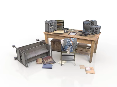 Vintage Office Setup With Wooden Desk Antique Radio File Cabinet Metal Cart Chair And Books 3d model