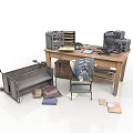 Vintage Office Setup With Wooden Desk Antique Radio File Cabinet Metal Cart Chair And Books