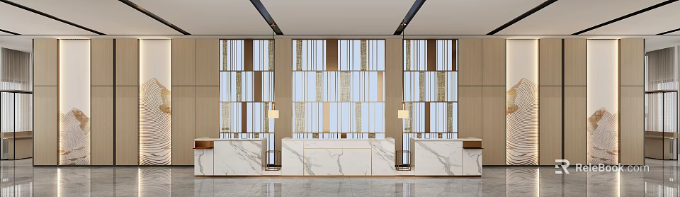 Modern Hotel Lobby Interior Design Featuring Marble Reception Desk Decorative Partitions And Lighting Fixtures 3d model 