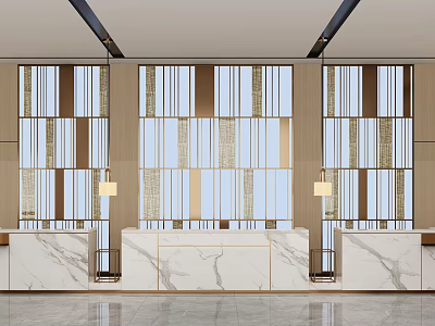 Modern Hotel Lobby Interior Design Featuring Marble Reception Desk Decorative Partitions And Lighting Fixtures 3d model