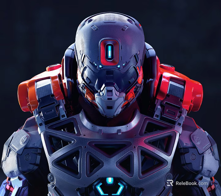 Futuristic Sci Fi Warrior In Tech Armor With Helmet Red Shoulder Armor And Blue Lights 3d model 
