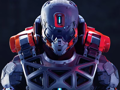 Futuristic Sci Fi Warrior In Tech Armor With Helmet Red Shoulder Armor And Blue Lights 3d model
