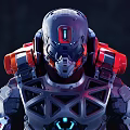 Futuristic Sci Fi Warrior In Tech Armor With Helmet Red Shoulder Armor And Blue Lights