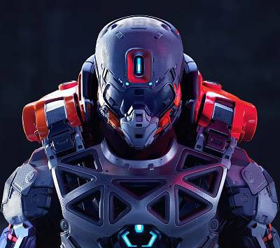 Futuristic Sci Fi Warrior In Tech Armor With Helmet Red Shoulder Armor And Blue Lights 3d model