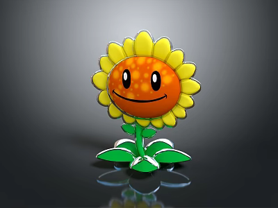 Cartoon Sunflower with Yellow Petals Orange Center Smiling Face and Green Leaves 3d model
