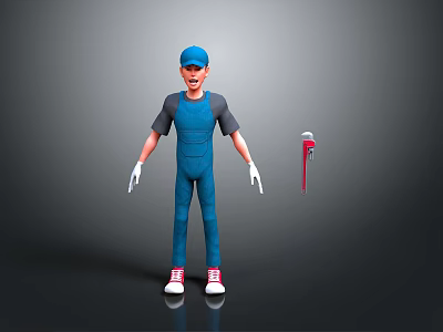 Man in Blue Overalls Cap Gray T-Shirt White Gloves Red Shoes with Red White Mop 3d model